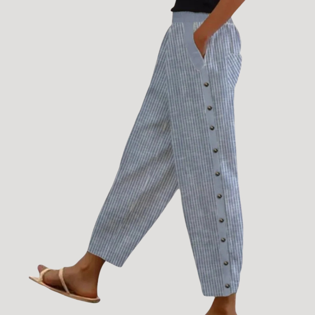 Women's Striped Pants Cropped Casual Elastic Waist Button Pocket