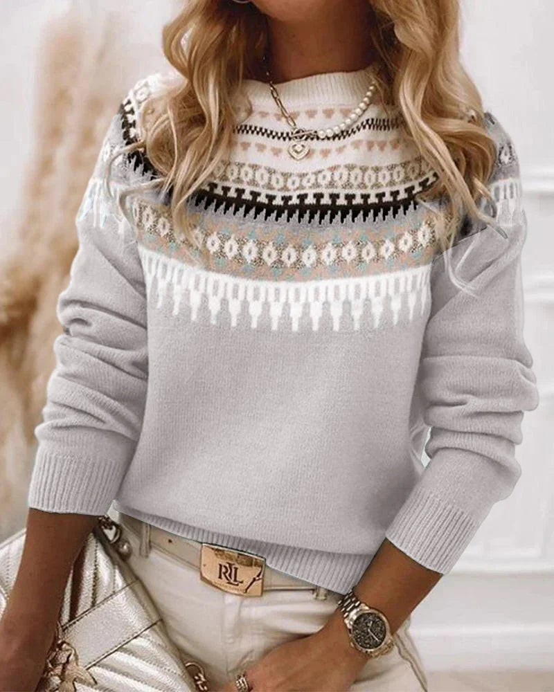 Patterned Knit Sweater with Crew Neck