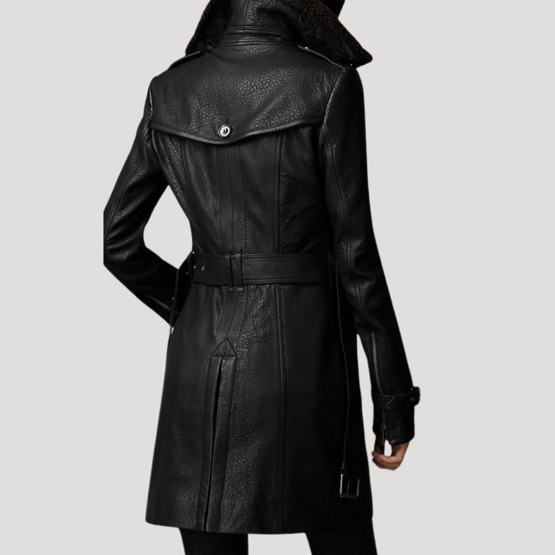 Women’s Black Leather Long Trench Coat Belted