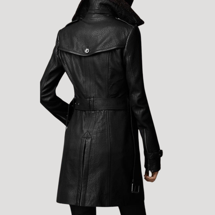 Women’s Black Leather Long Trench Coat Belted