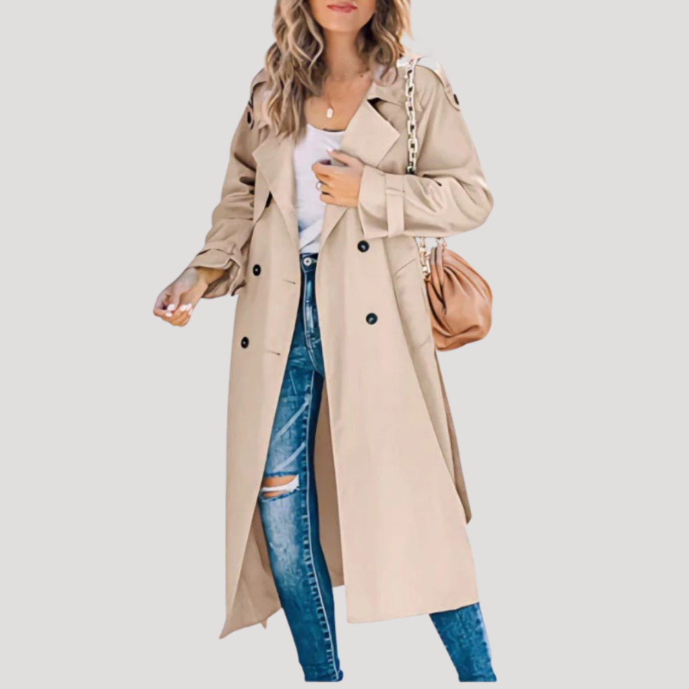 Women's Trench Coat Long Double Breasted Belted Lapel Coat