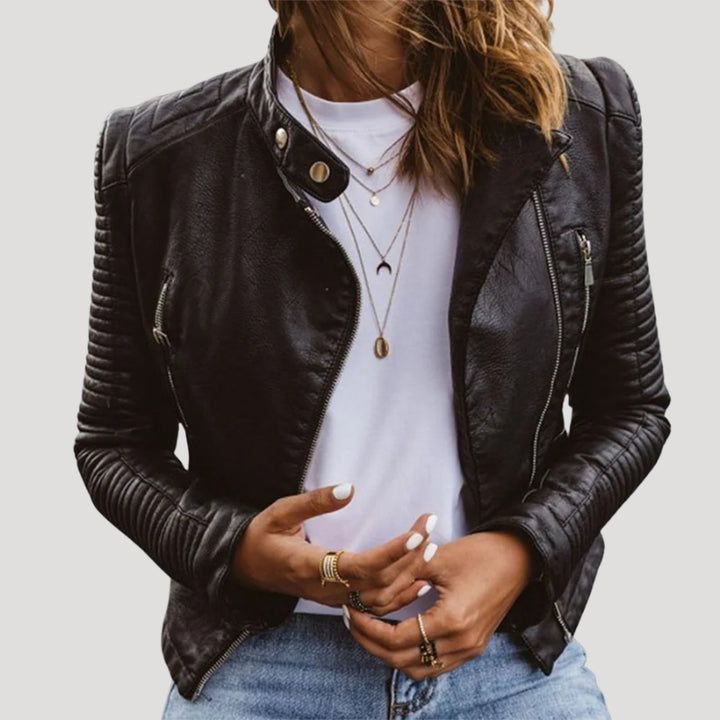 Women’s Black Leather Jacket Cropped Biker Quilted Motorcycle Style