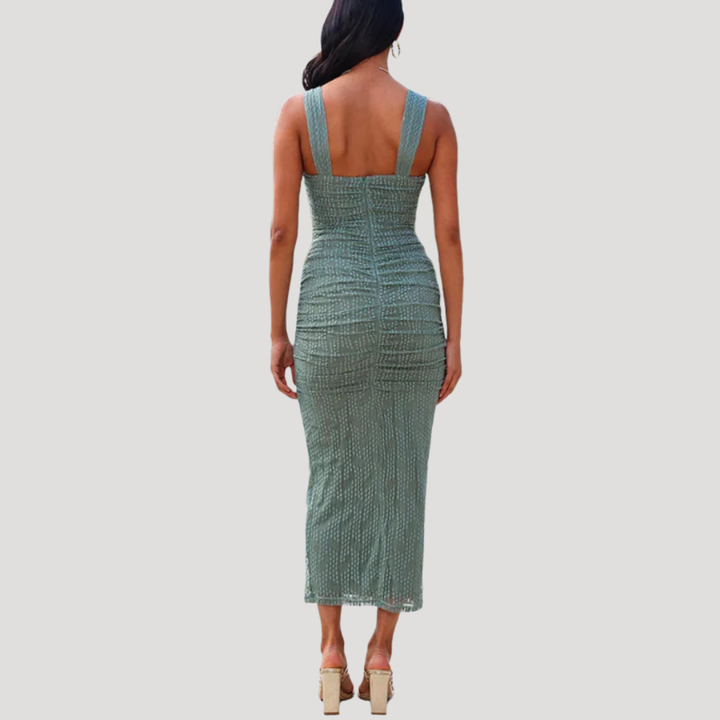 Women’s Ruched Midi Party Dress Sleeveless Mesh Cutout