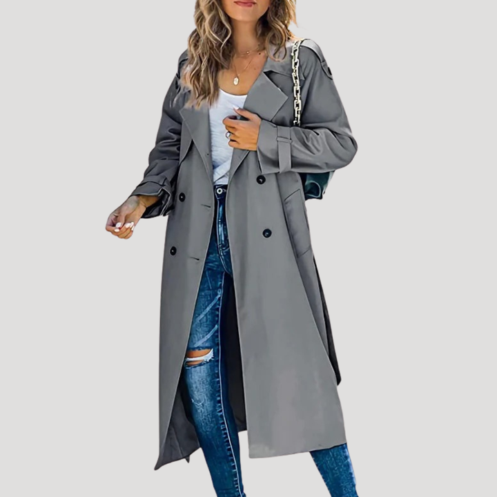 Women's Trench Coat Long Double Breasted Belted Lapel Coat