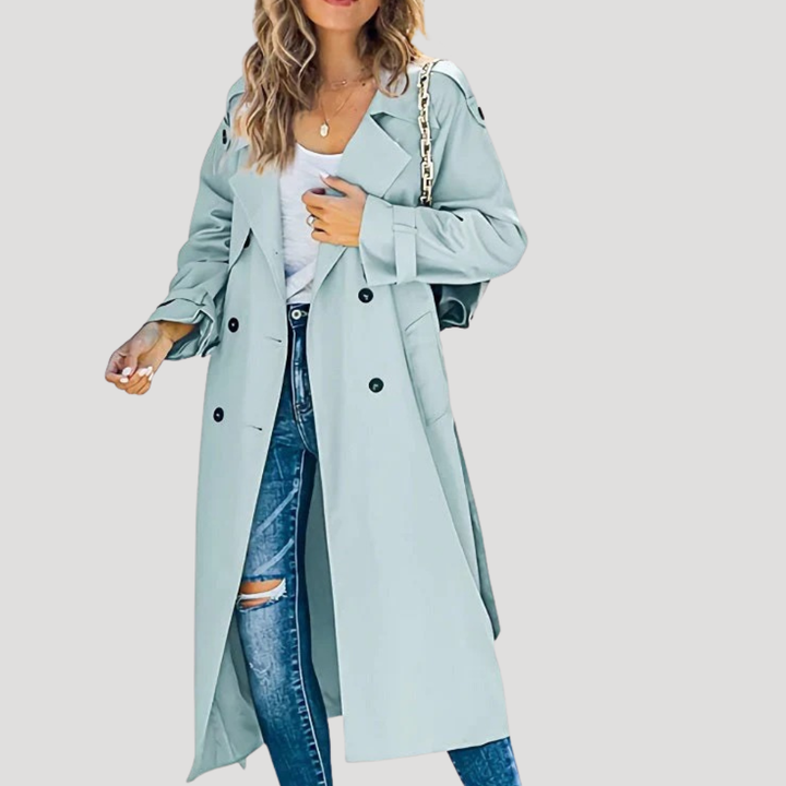 Women's Trench Coat Long Double Breasted Belted Lapel Coat