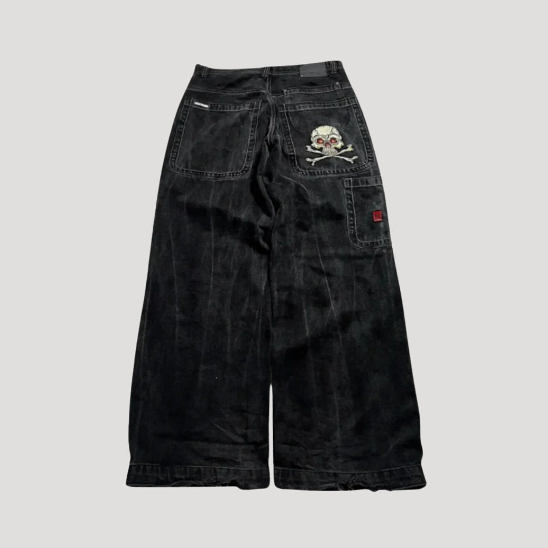 Women's Baggy Jeans Black Wide Leg Carpenter Embroidered Skull Denim