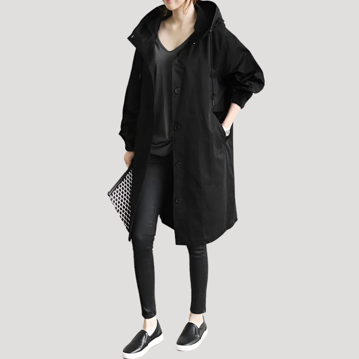 Women's Trench Coat Hooded Long Casual Outerwear Button