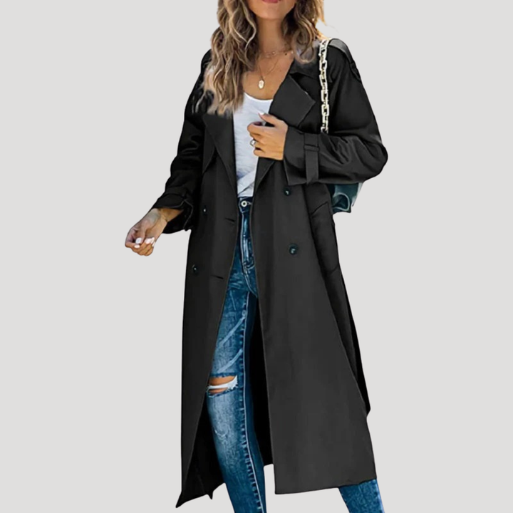 Women's Trench Coat Long Double Breasted Belted Lapel Coat