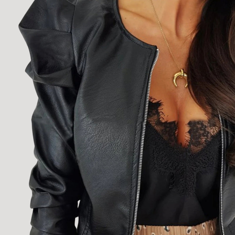 Women’s Black Leather Jacket Cropped Style With Ruched Sleeves