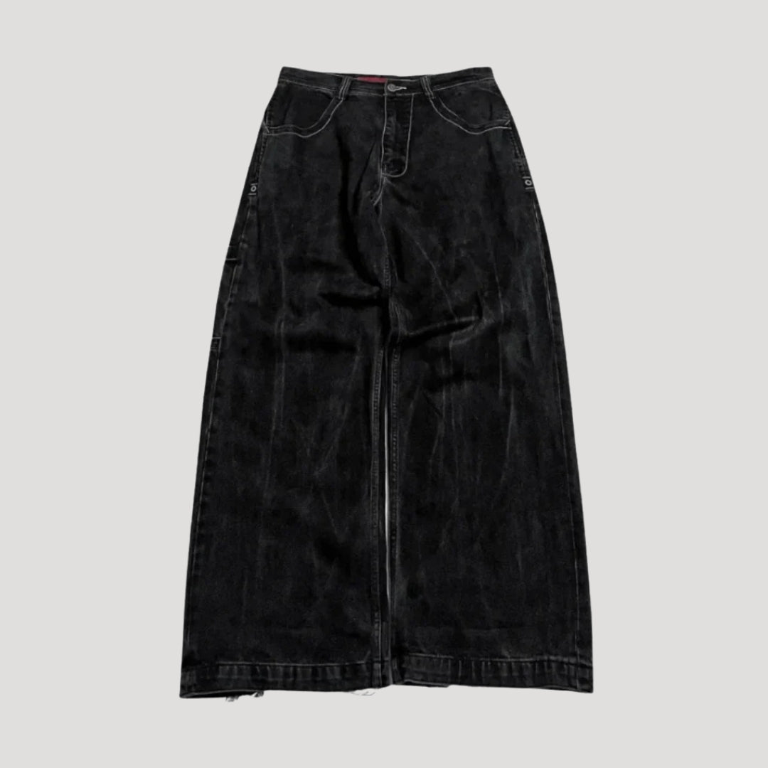 Women's Baggy Jeans Black Wide Leg Carpenter Embroidered Skull Denim