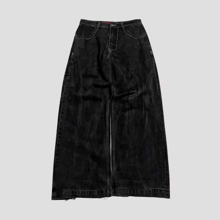 Women's Baggy Jeans Black Wide Leg Carpenter Embroidered Skull Denim