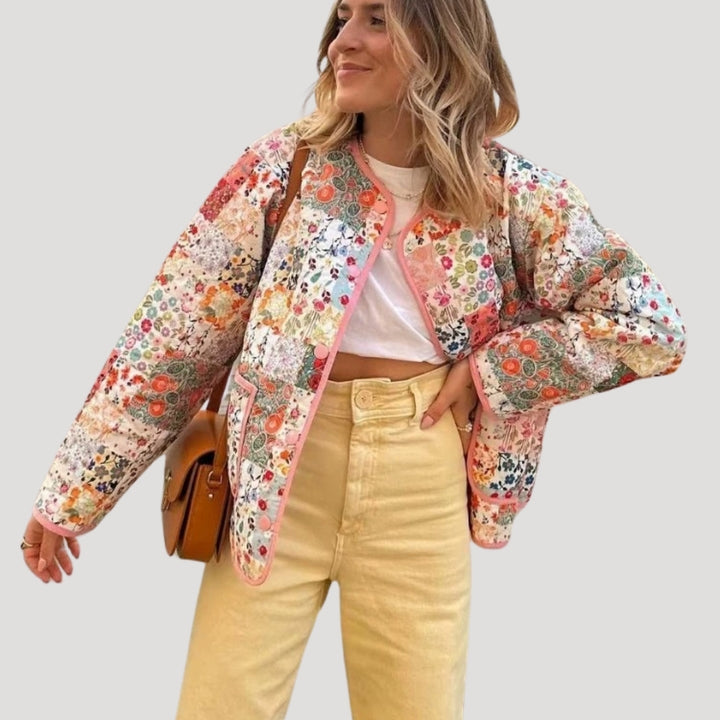 Women's short quilted spring jacket with flowers