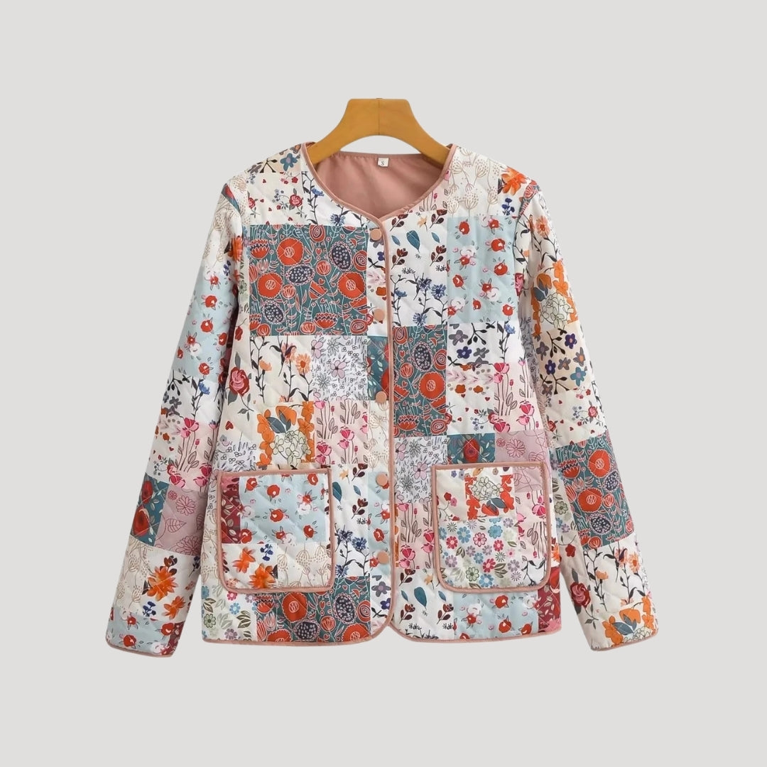 Damska pikowana kurtka wiosenna krótka w kwiaty