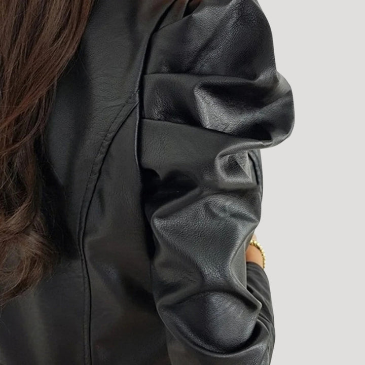 Women’s Black Leather Jacket Cropped Style With Ruched Sleeves