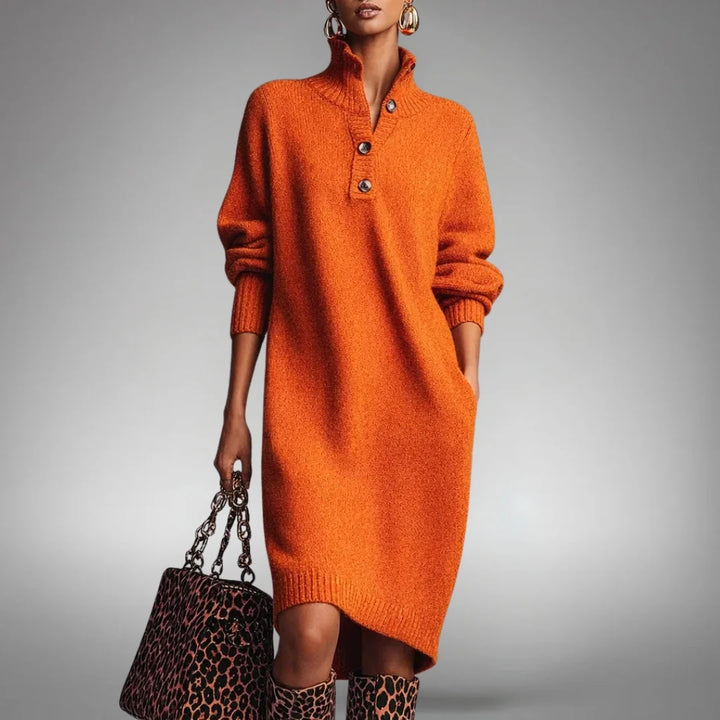 Oversized Knit Polo Midi Dress with High Neck