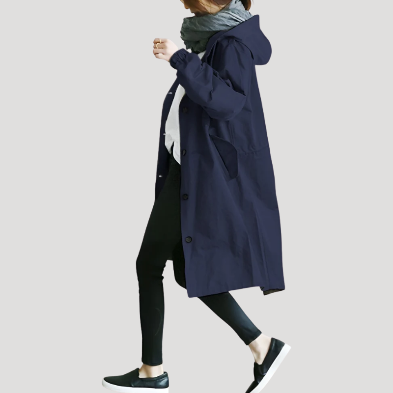 Women's Trench Coat Hooded Long Casual Outerwear Button