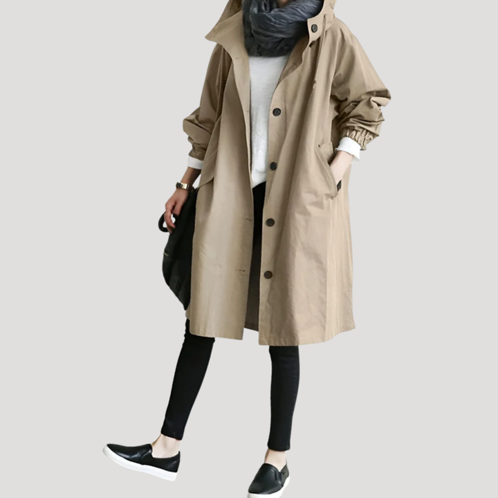 Women's Trench Coat Hooded Long Casual Outerwear Button