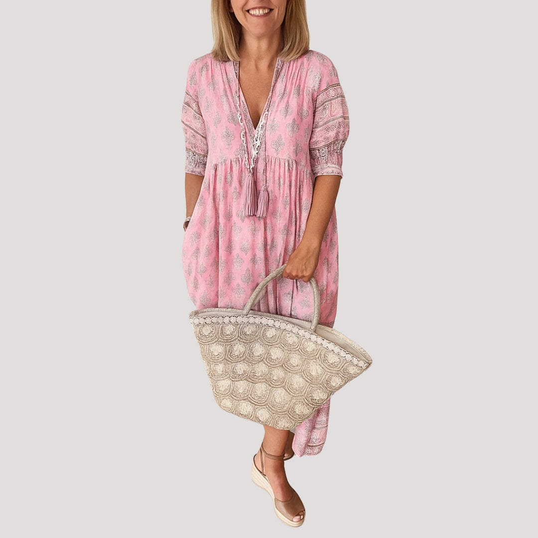 Damska sukienka midi boho z nadrukiem na wiosnę