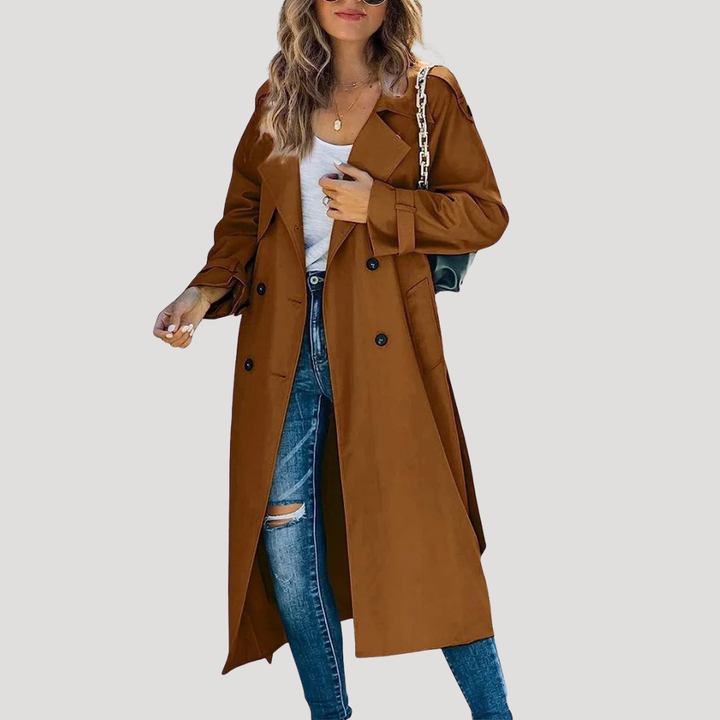Women’s Long Double-Breasted Button Down Trench Coat Belted