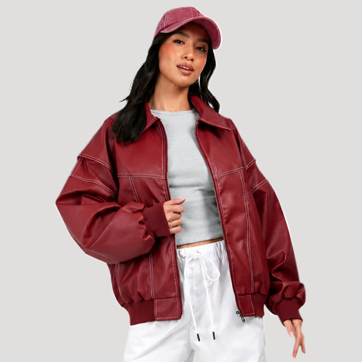 Women’s Red Leather Jacket Bomber Cropped Oversized Style