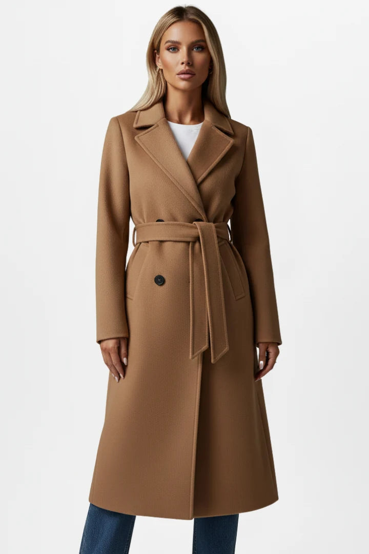 Double-Breasted Long Trench Coat with Belt