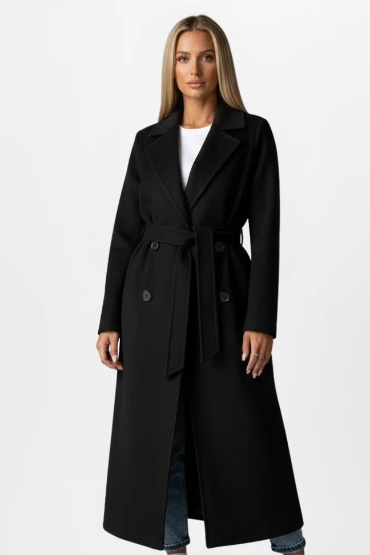 Double-Breasted Long Trench Coat with Belt