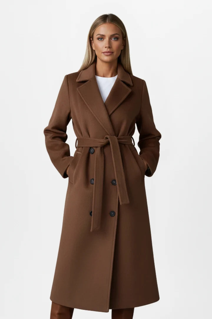 Double-Breasted Long Trench Coat with Belt