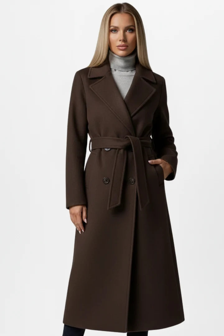 Double-Breasted Long Trench Coat with Belt