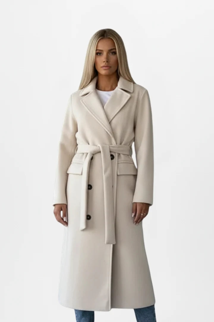 Double-Breasted Long Trench Coat with Belt
