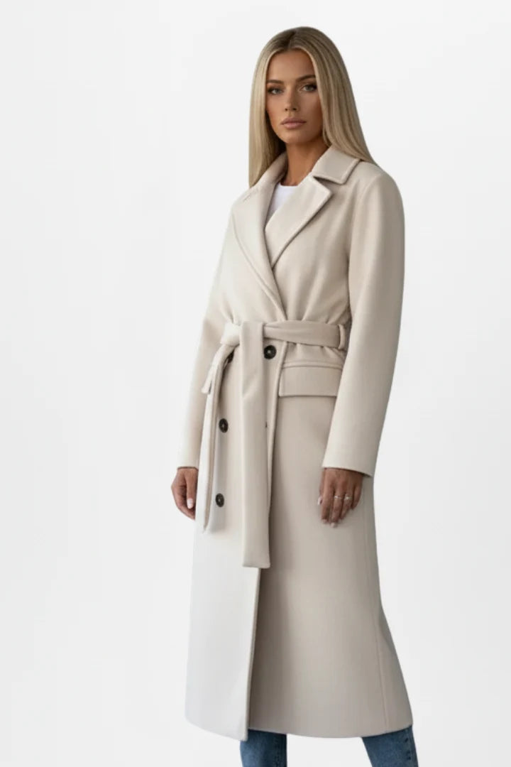 Double-Breasted Long Trench Coat with Belt