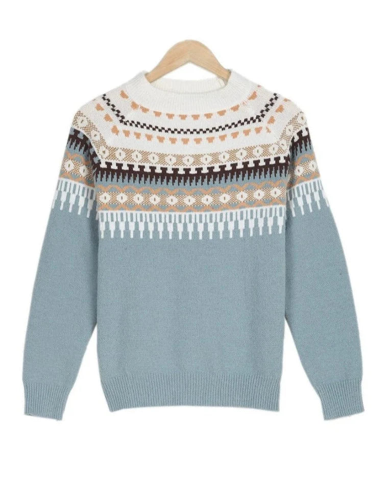 Patterned Knit Sweater with Crew Neck
