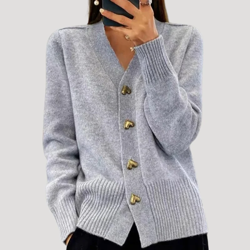 Women's Knit Cardigan V Neck Long Sleeve Heart Button