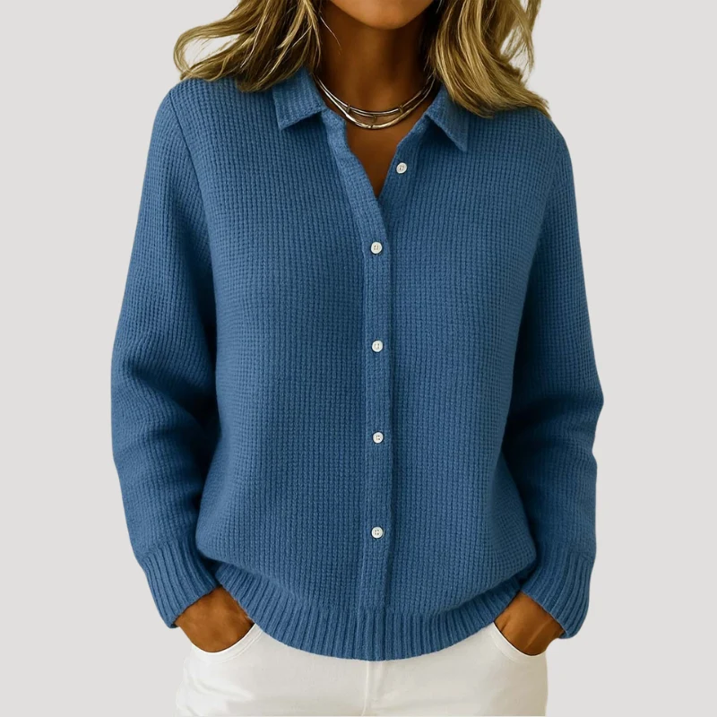 Women's Cardigan Button Down Collared Long Sleeve Ribbed Knit
