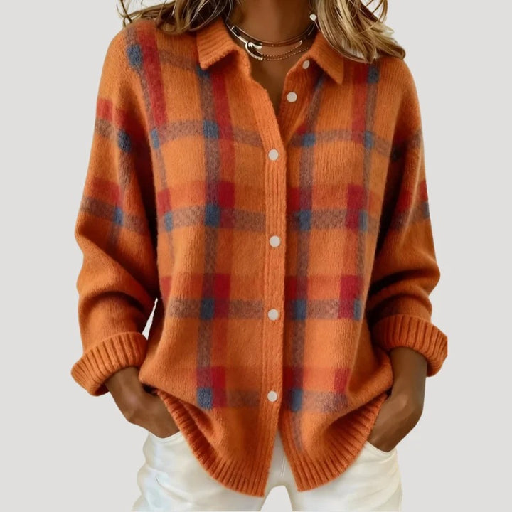Women's Plaid Cardigan Knit Button Collared Long Sleeve Sweater