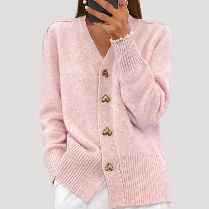 Women's Knit Cardigan V Neck Long Sleeve Heart Button