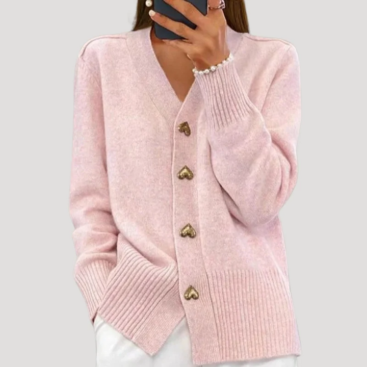 Women's Knit Cardigan V Neck Long Sleeve Heart Button