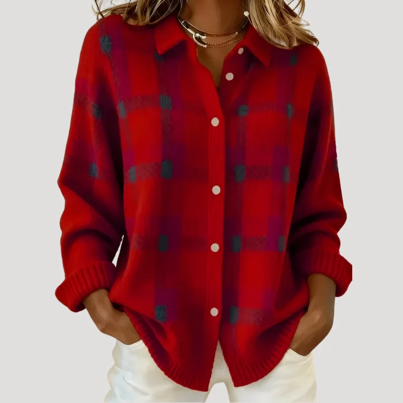 Women's Plaid Cardigan Knit Button Collared Long Sleeve Sweater