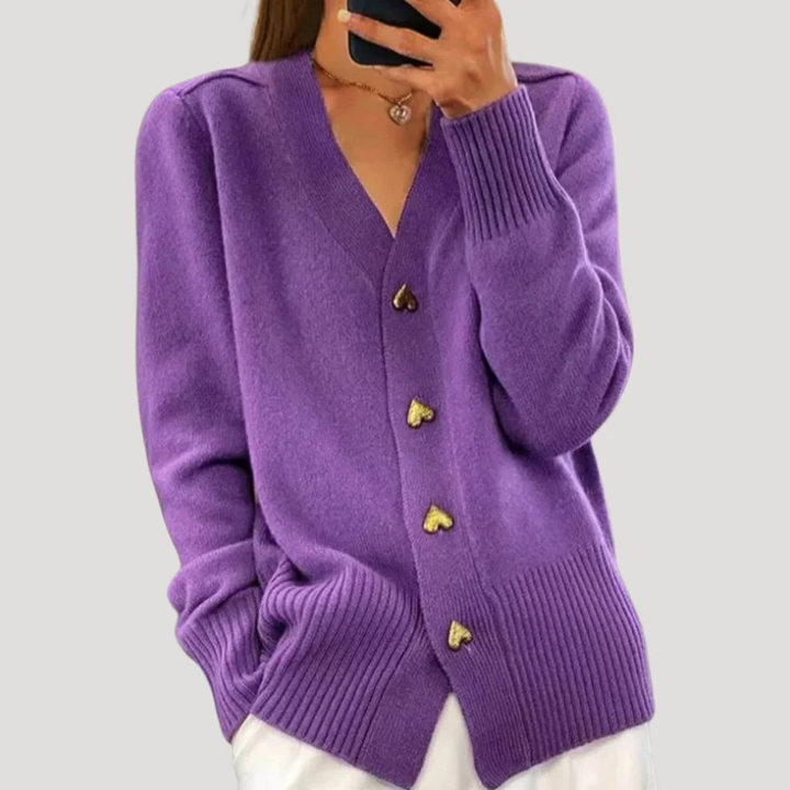 Women's Knit Cardigan V Neck Long Sleeve Heart Button