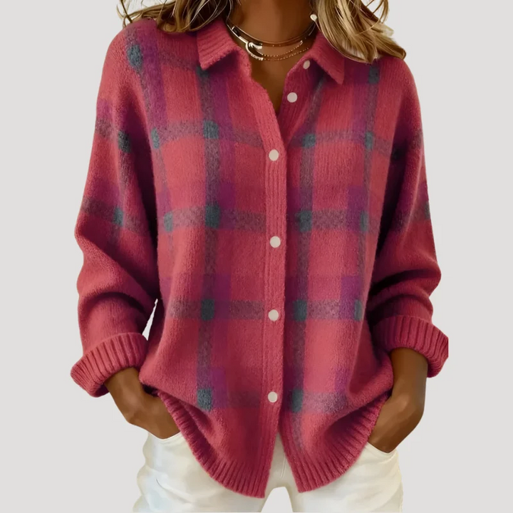 Women's Plaid Cardigan Knit Button Collared Long Sleeve Sweater