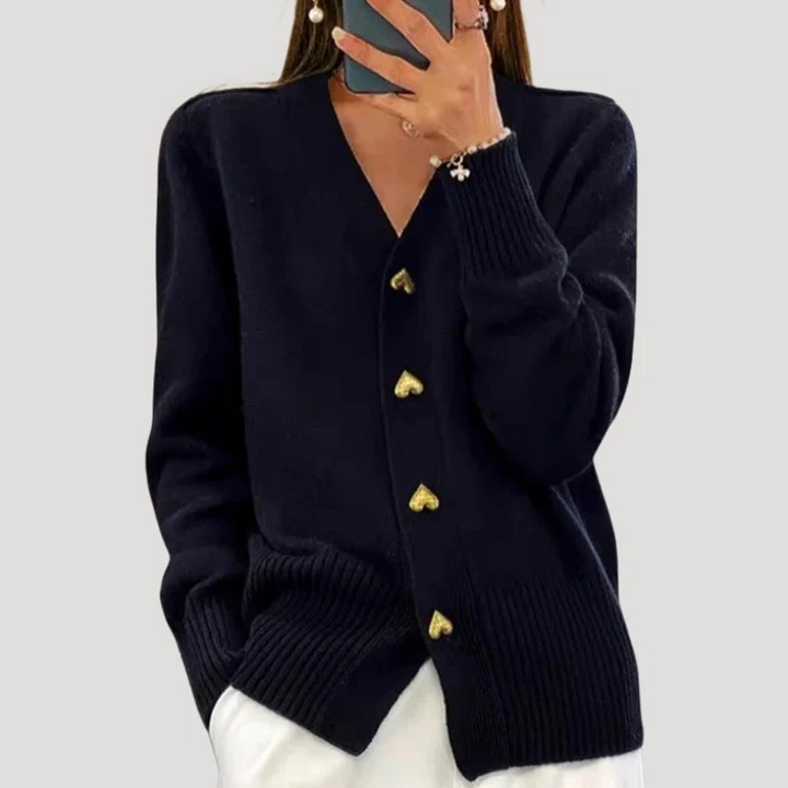 Women's Knit Cardigan V Neck Long Sleeve Heart Button