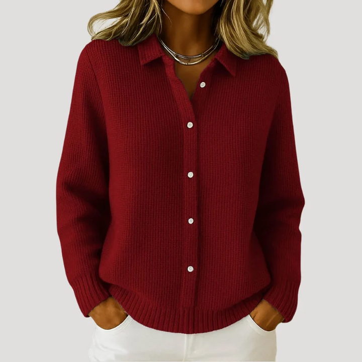 Women's Cardigan Button Down Collared Long Sleeve Ribbed Knit