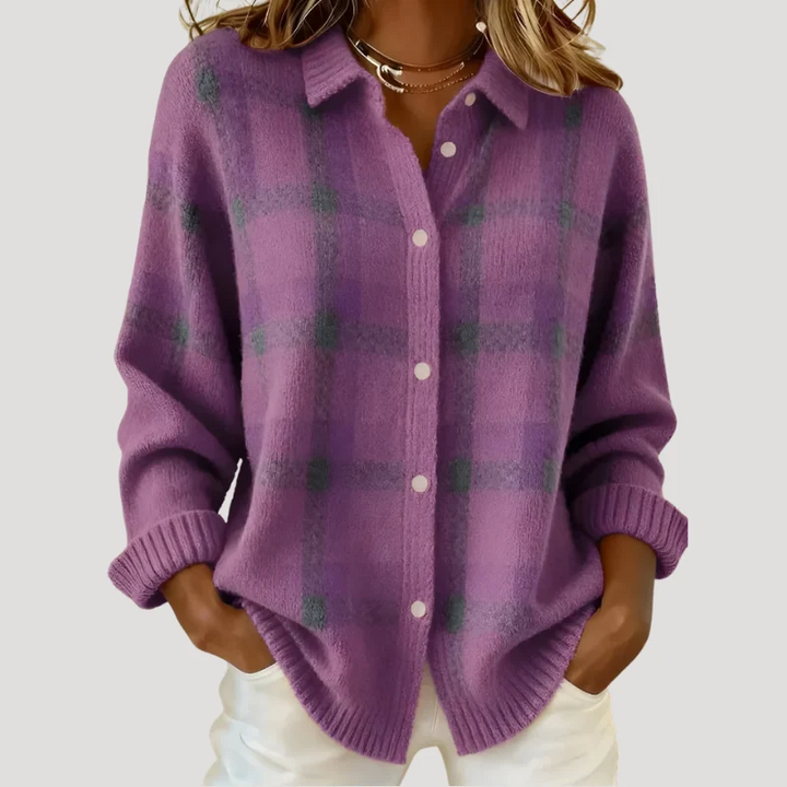 Women's Plaid Cardigan Knit Button Collared Long Sleeve Sweater
