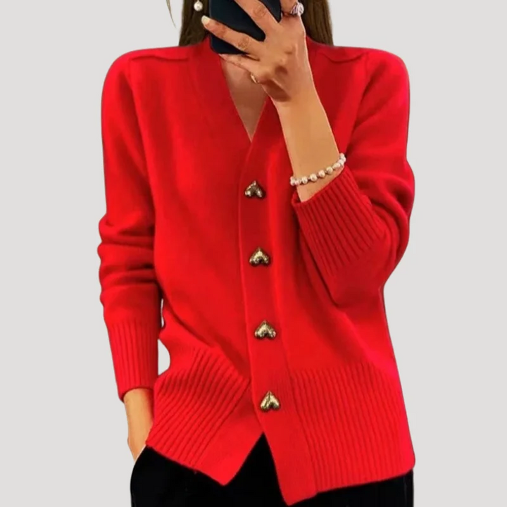 Women's Knit Cardigan V Neck Long Sleeve Heart Button