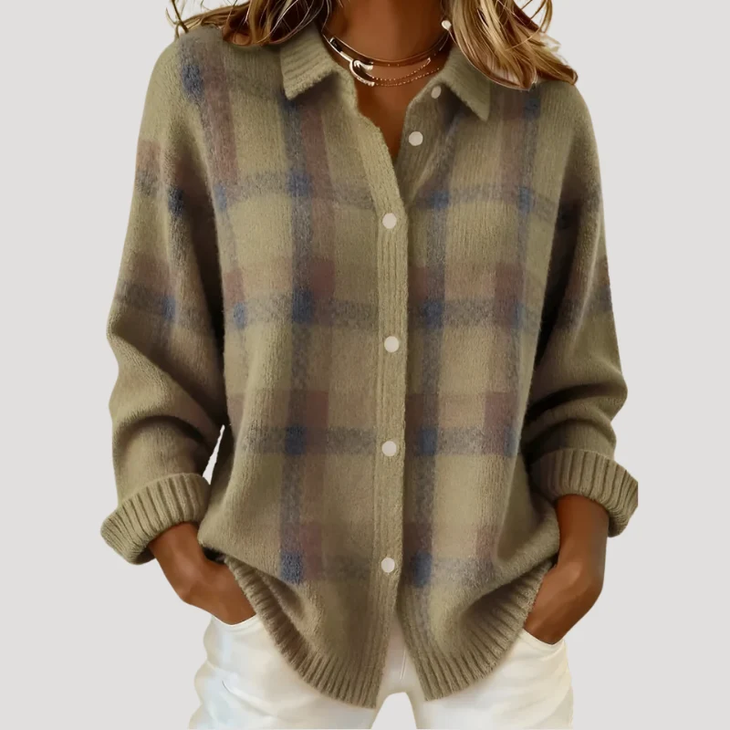 Women's Plaid Cardigan Knit Button Collared Long Sleeve Sweater