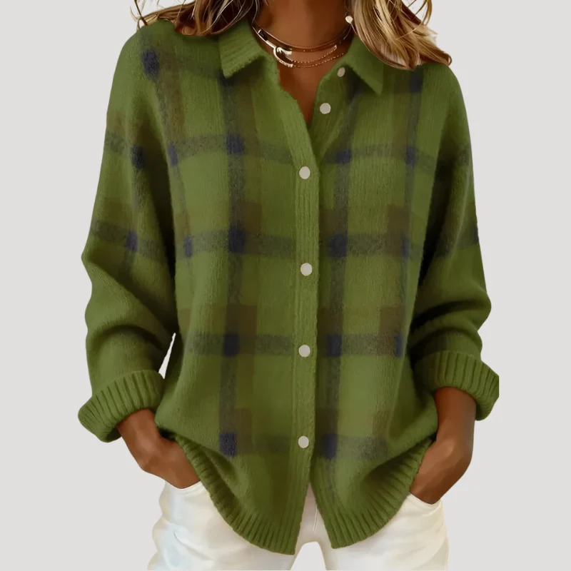 Women's Plaid Cardigan Knit Button Collared Long Sleeve Sweater