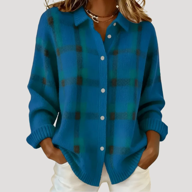 Women's Plaid Cardigan Knit Button Collared Long Sleeve Sweater