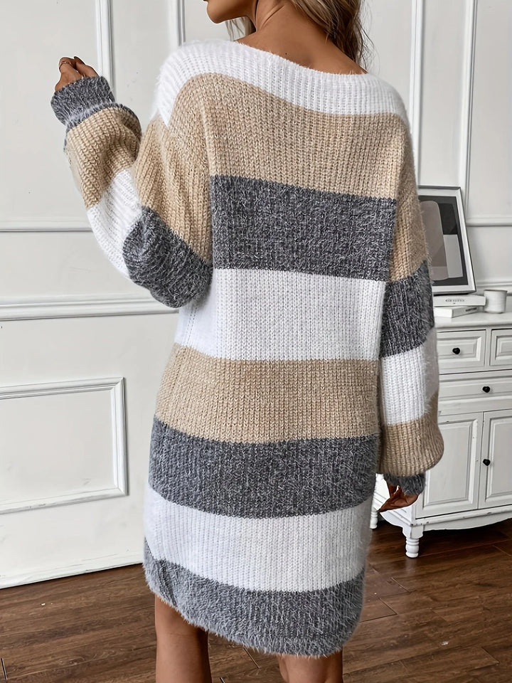 Long Sleeve Striped Knit Mini Dress with Boat Neck