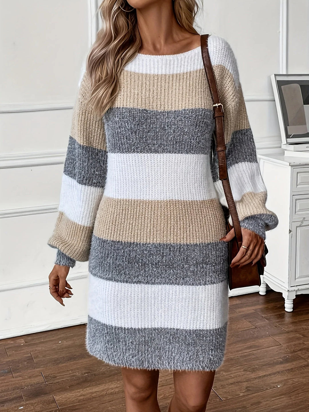 Long Sleeve Striped Knit Mini Dress with Boat Neck